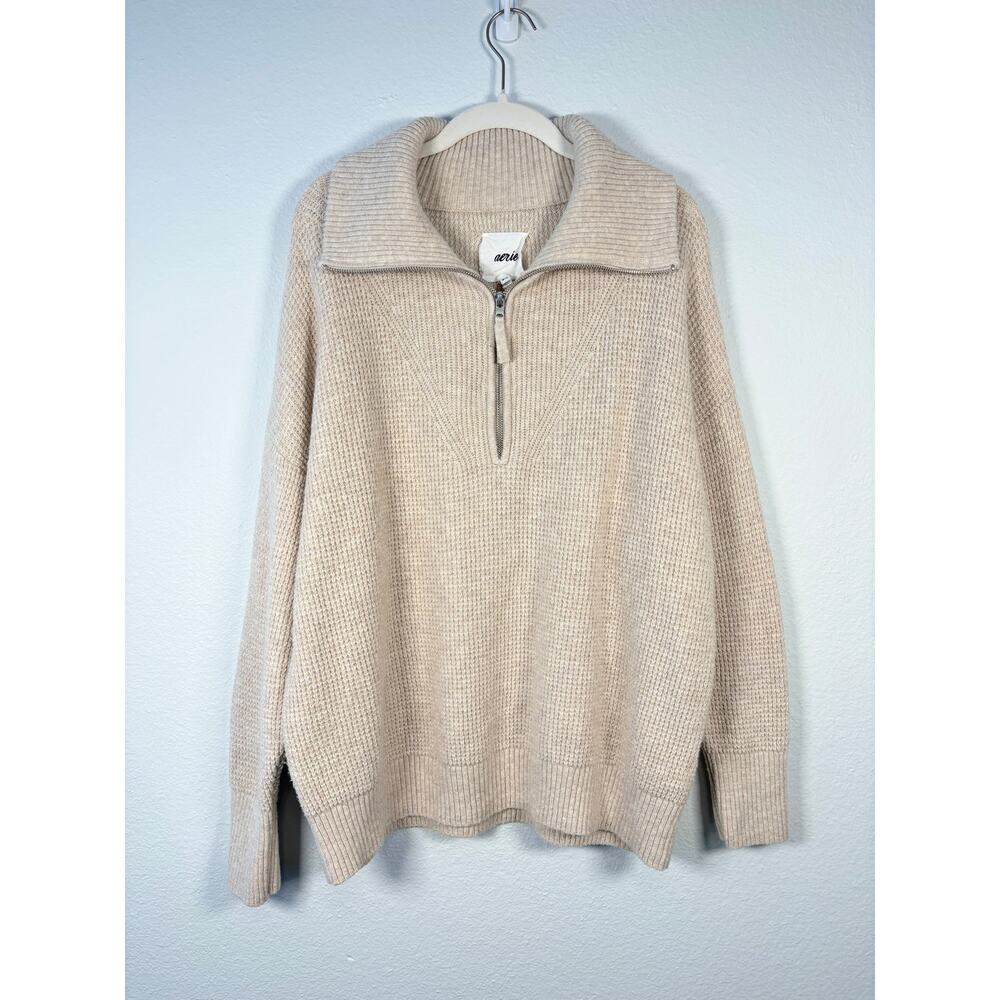 Aerie Neutral Beige Soft Textured Knit CozyUp Waffle Quarter Zip Sweater